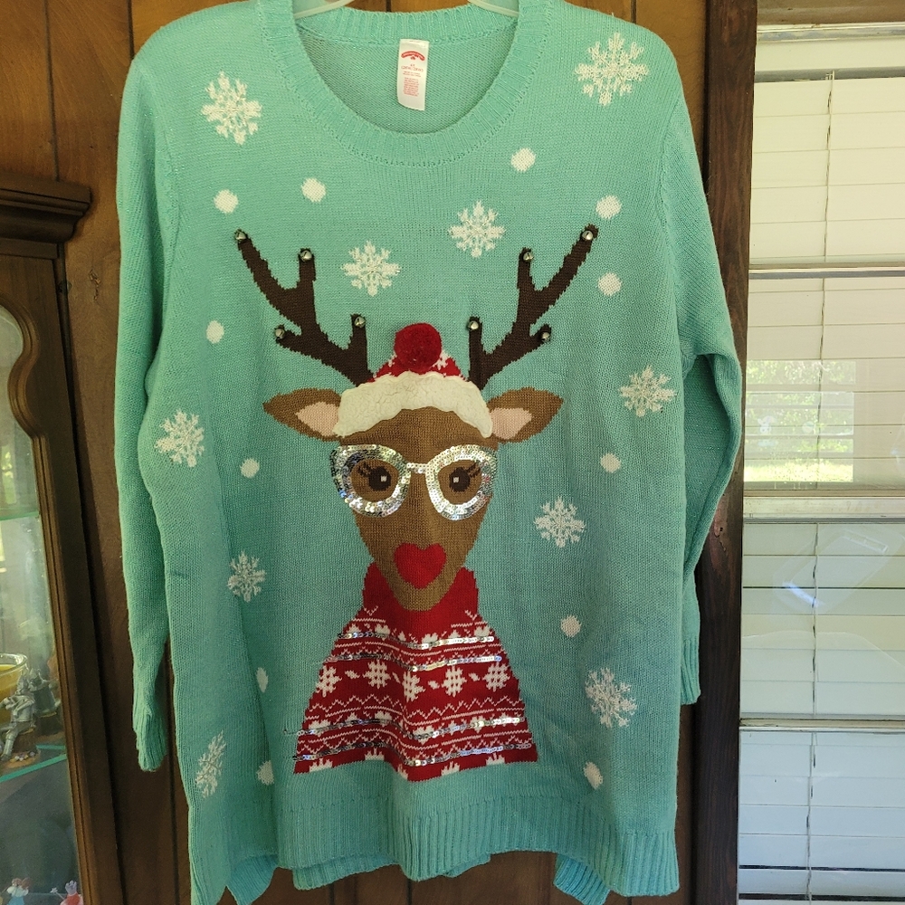 Blue Ugly Holiday Sweater Sequin Reindeer Festive Knit